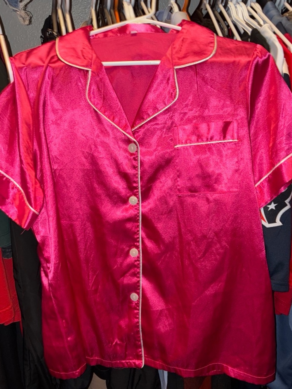 Satin Short-Sleeve Pajama Top - Hot Pink with Contrast Piping